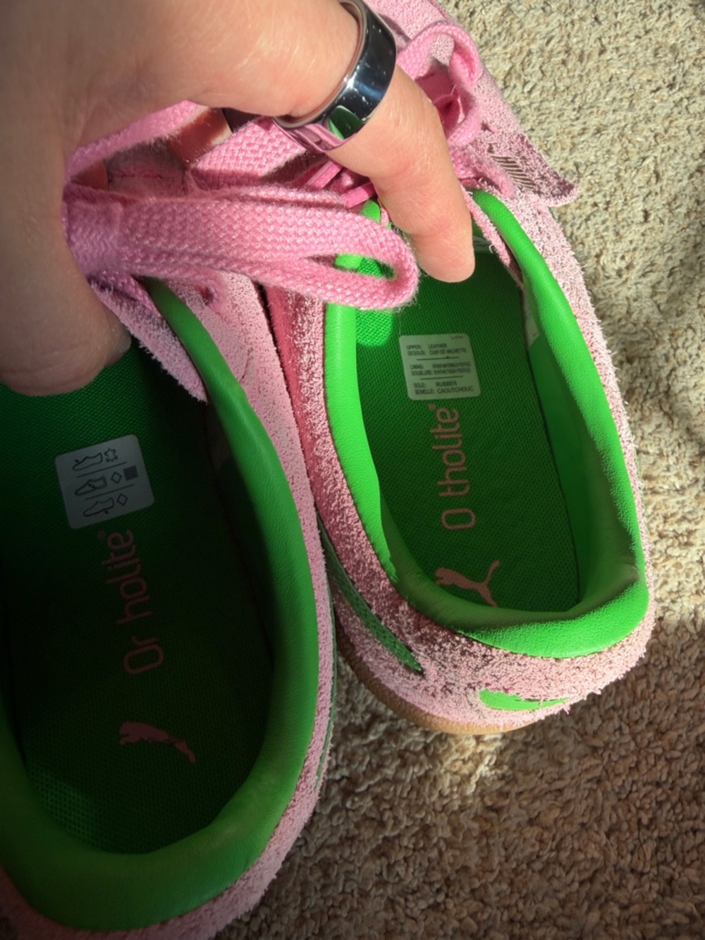 Puma Pink Suede Sneakers with Bright Green Lining Size 9 - Picture 2 of 5